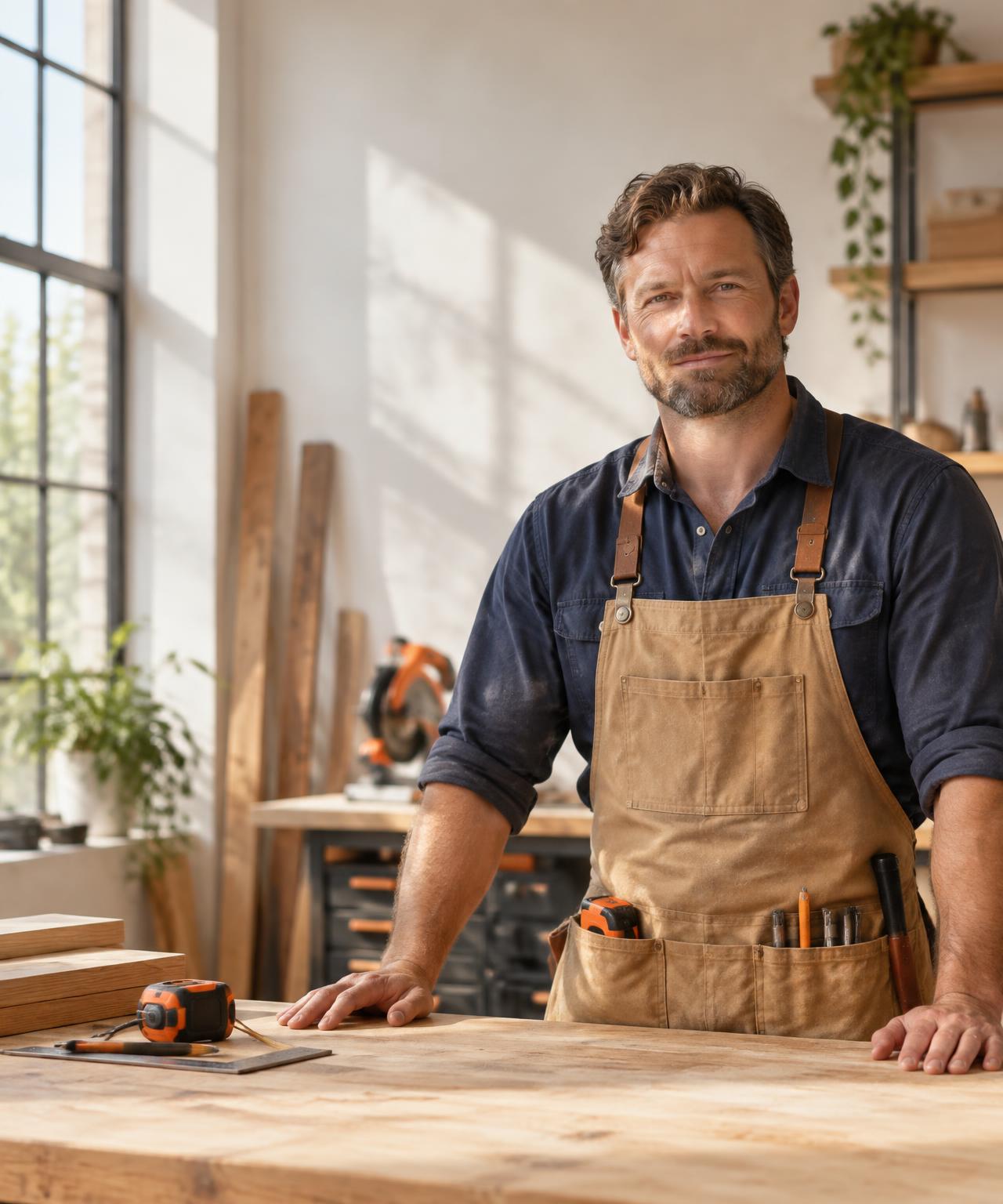 Contractor at a woodworking bench